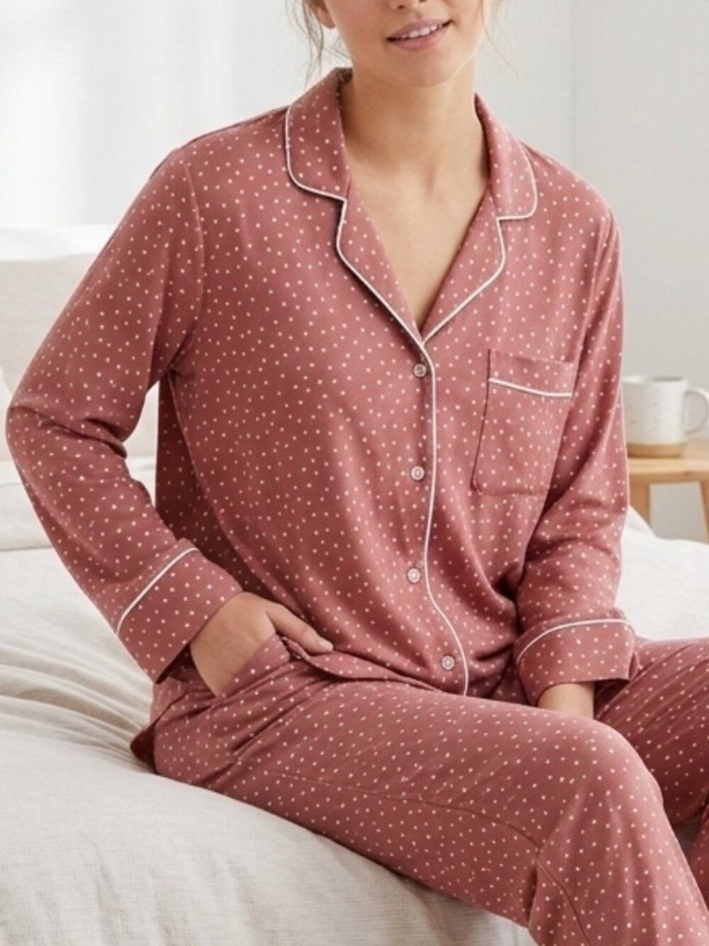 Aerie Overslept Real Soft Pajama Shirt Star Dot Mauve Rose Pink Button Up XXL